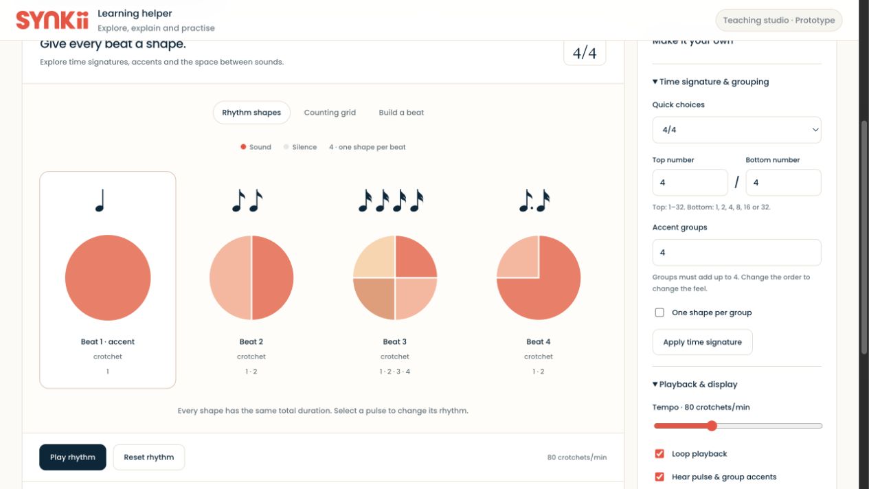 Lab prototype showing rhythm shapes and adjustable metre