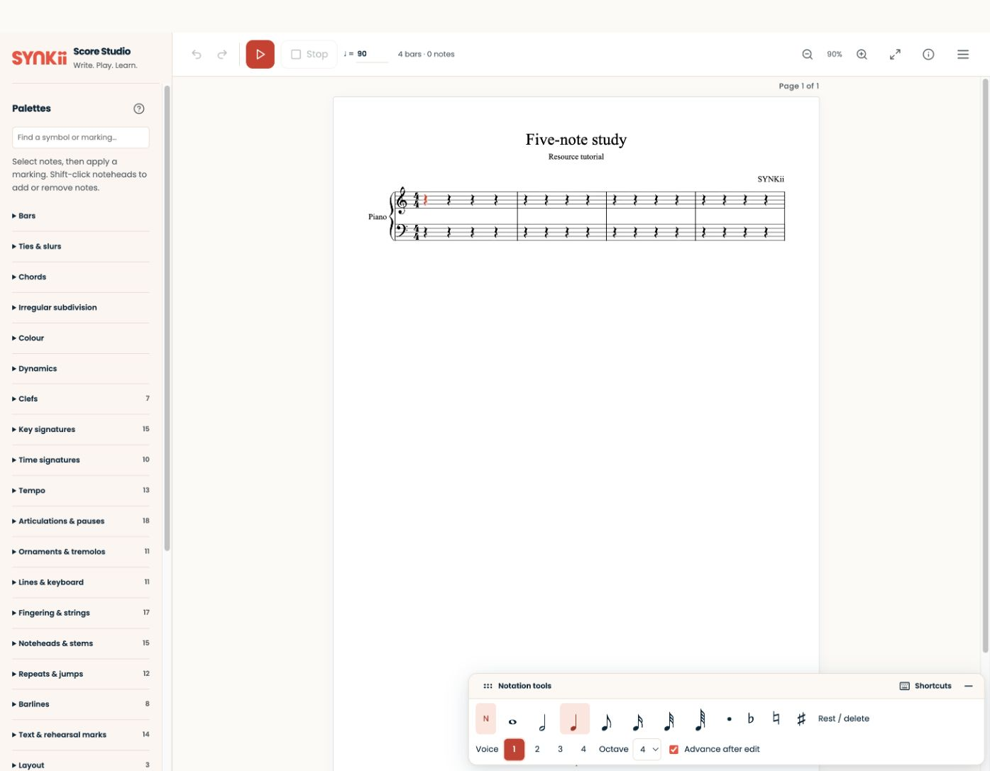 Actual SYNKii interface: Inspect the starting page. Check the clefs, time signature and empty bars before entering the melody. This is the local pre-release editor; the final interface may change.